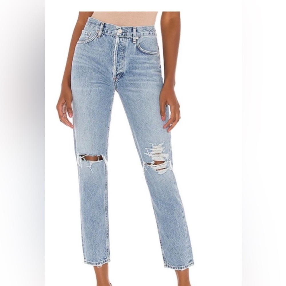 Agolde High Rise Distressed Straight Leg Jeans - Light Blue